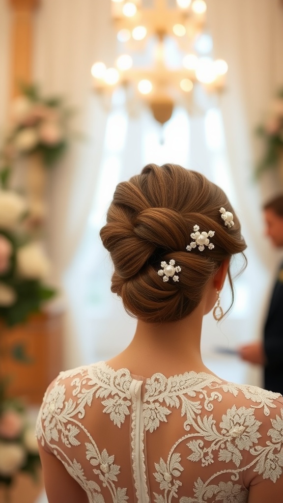 Elegant updo hairstyle with pearl pins for a wedding guest, showcasing short hair.