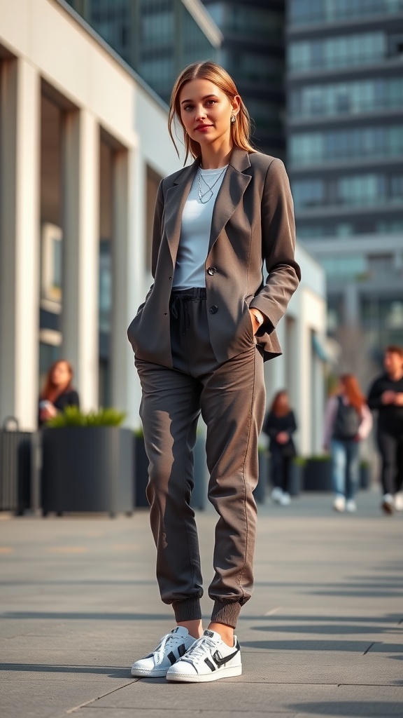 A woman wearing a gray blazer over a white top and gray jogger pants, paired with white sneakers, standing outdoors.