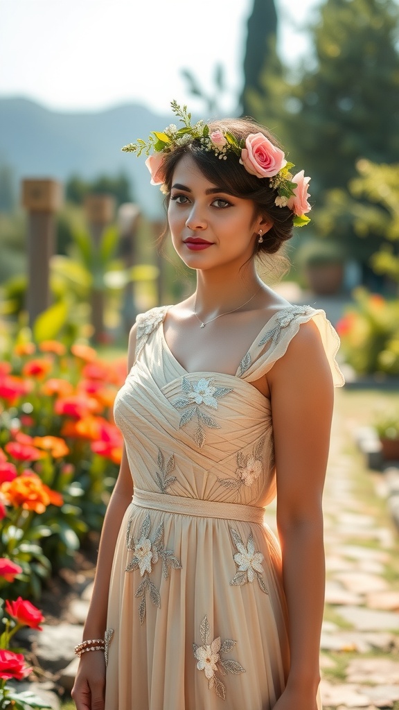 A woman in an embellished peplos dress with a floral crown, standing in a garden filled with colorful flowers.