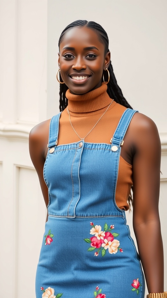 A woman smiling while wearing an embroidered denim skirt and a sleeveless turtleneck.