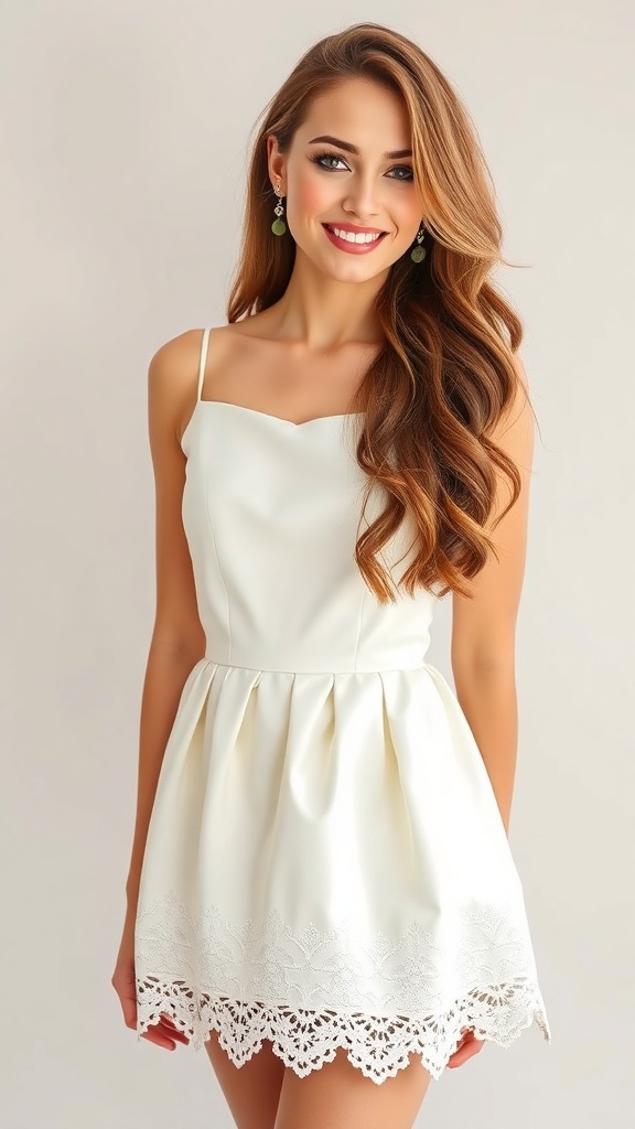 Model wearing a white empire waist babydoll dress with lace detail at the hem