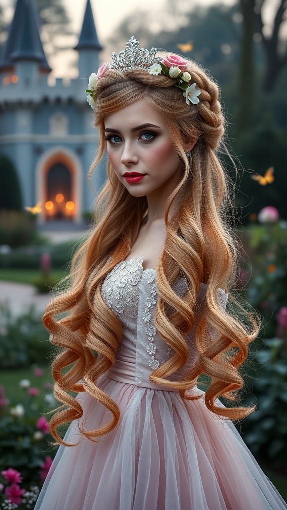 A model with long, soft curls and a braided crown, wearing a floral headpiece, in front of a fairytale castle.