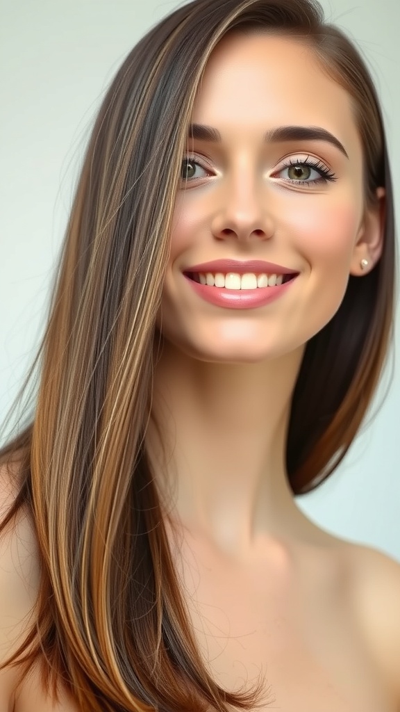 A woman with long, shiny hair featuring an espresso base and cinnamon tips, smiling at the camera.