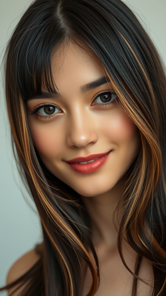 A woman with espresso brown hair featuring face-framing honey highlights, smiling softly.