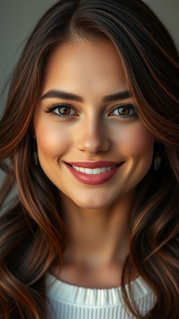 A close-up of a woman with espresso brunette hair featuring mahogany highlights, smiling confidently.