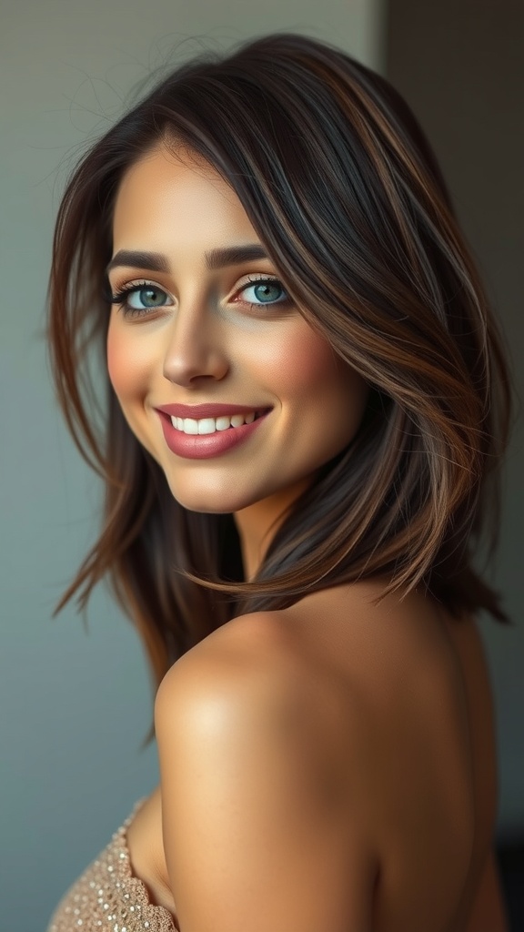 Model with espresso root melt hair color transitioning into warm hazel ends