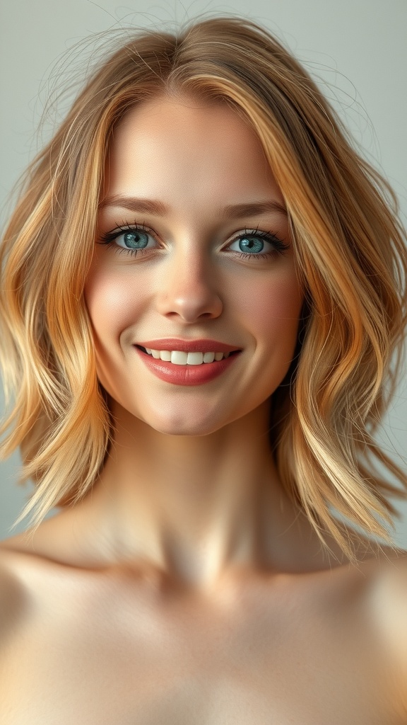 A woman with copper hair featuring blonde highlights, smiling and showcasing a fresh hairstyle.