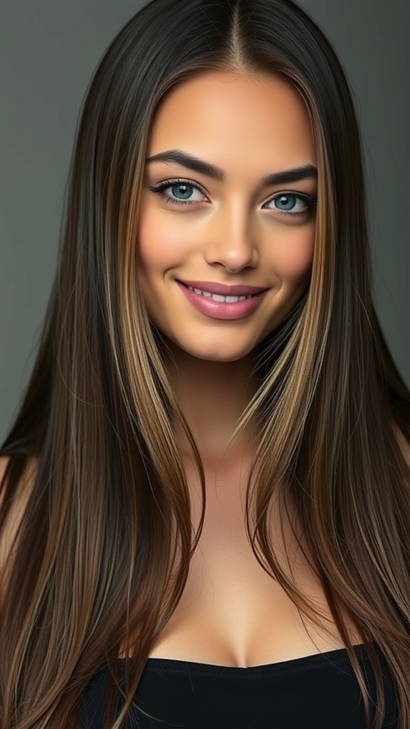 A woman with dark hair featuring blonde highlights framing her face, showcasing a vibrant and dimensional hair color.