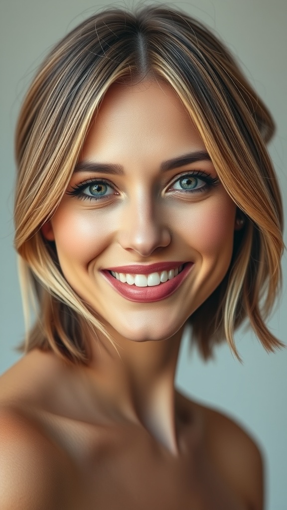 A woman with medium length hair styled in face-framing layers, smiling brightly.