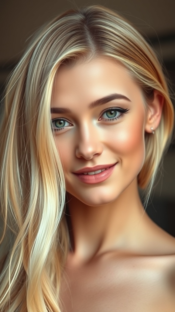 A woman with layered blonde hair featuring face-framing lowlights, showcasing a soft and dimensional look.