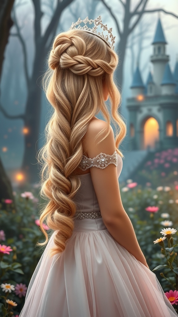 A girl with a half-up half-down hairstyle featuring soft curls and a braided crown, wearing a tiara in a fairytale setting.