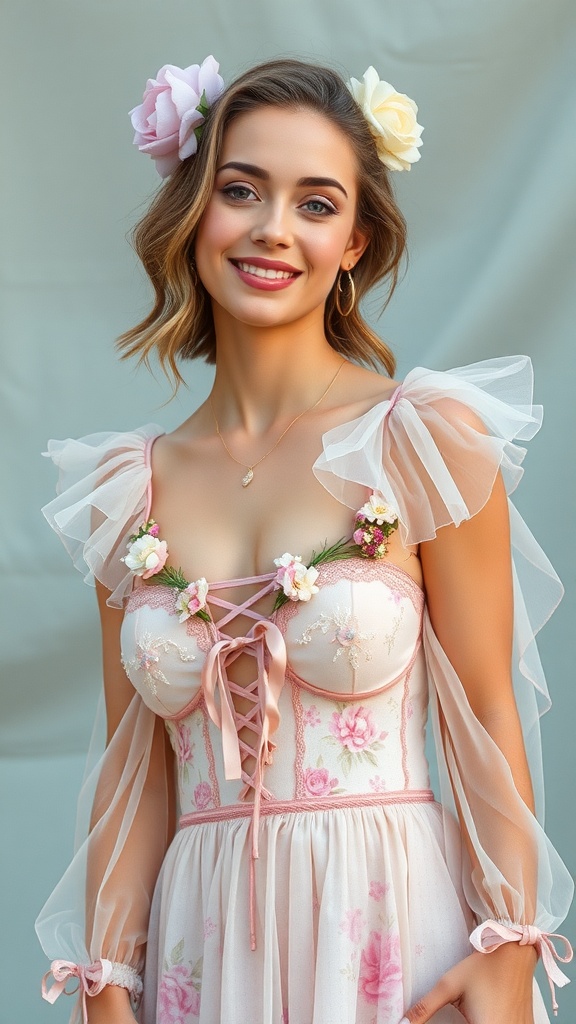 A woman wearing a pastel floral dress with lace details and flowers in her hair, embodying the fairycore aesthetic.