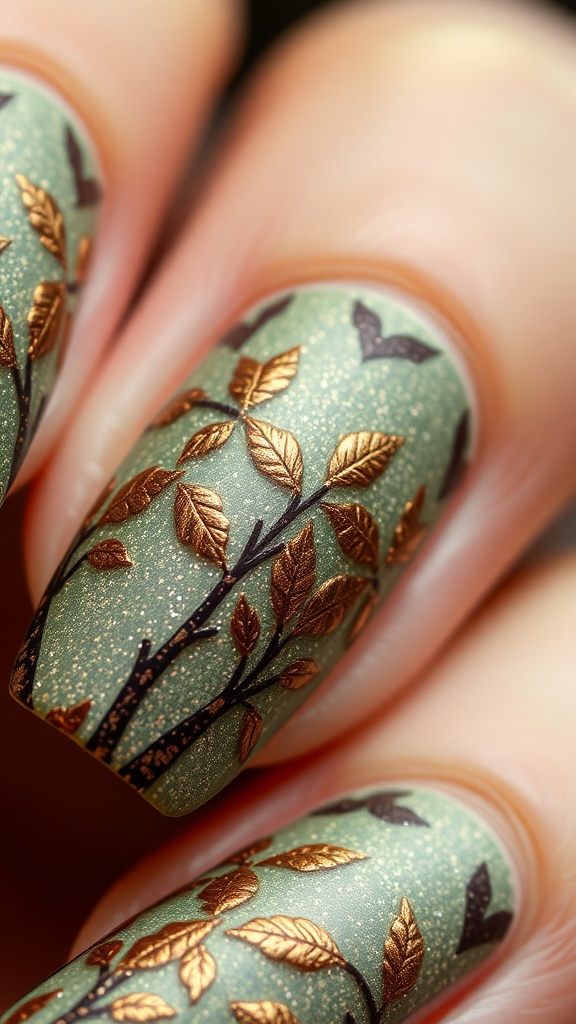 Nail design featuring green base with gold and black leaf patterns, perfect for fall.