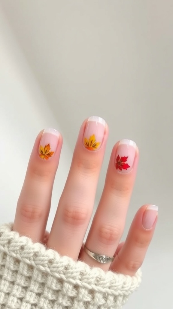 Nail art featuring fall leaves on a nude base