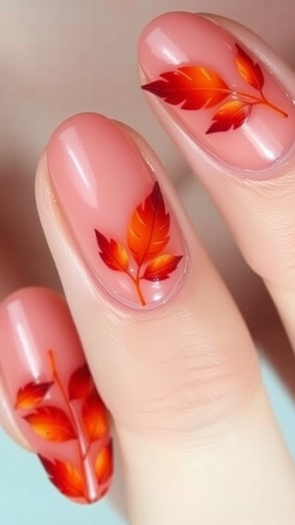 Nail art featuring a gradient of red and orange colors with leaf designs, set against a cozy sweater.