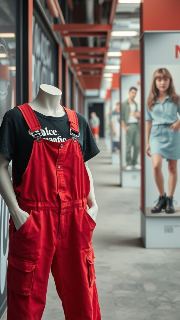 A mannequin wearing red overalls and a graphic tee in a stylish display.