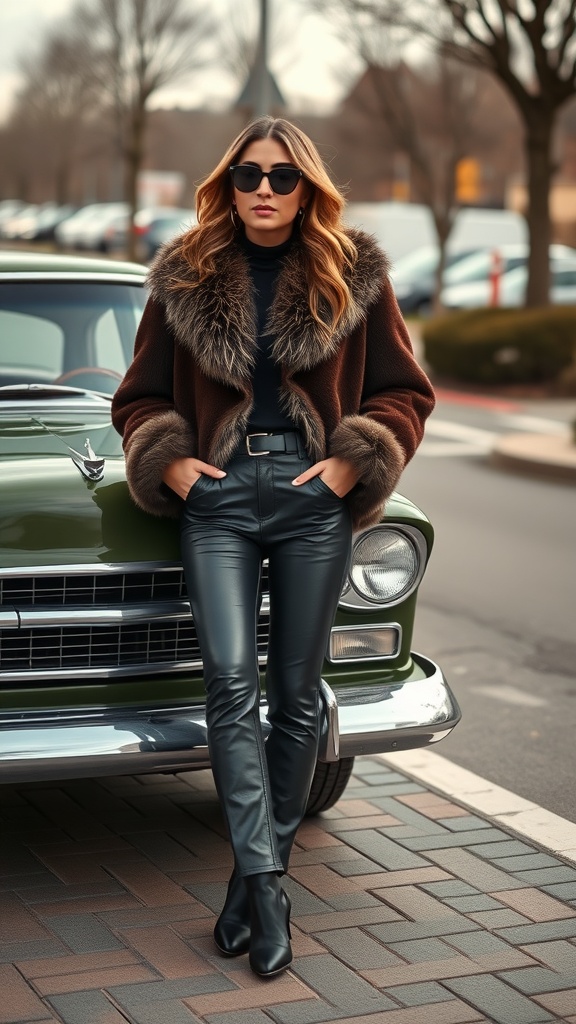 A woman in a faux fur jacket and leather pants standing next to a vintage car.