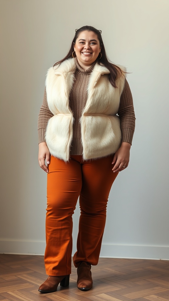 A smiling woman wearing a faux fur vest over a knit top and flared pants, showcasing a stylish plus size fall outfit.