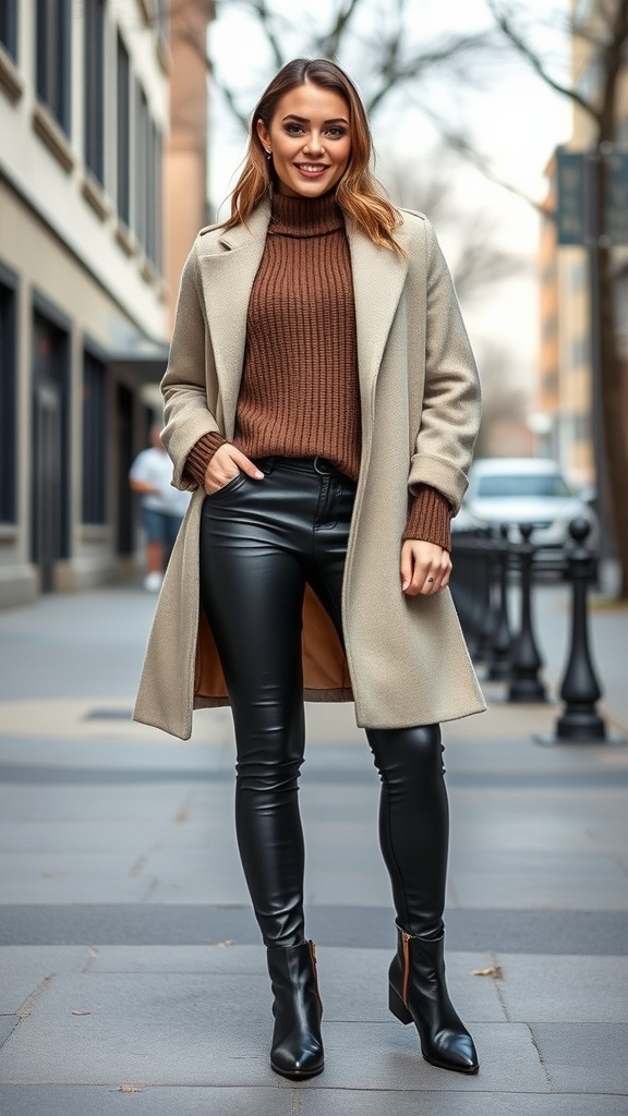 A woman in faux leather leggings and Chelsea boots, wearing a brown sweater and a light coat, smiling on a city street.
