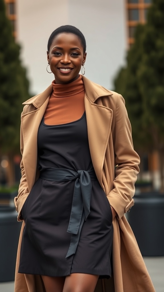 A woman wearing a faux wrap mini skirt with a turtle tank and long coat, smiling outdoors.