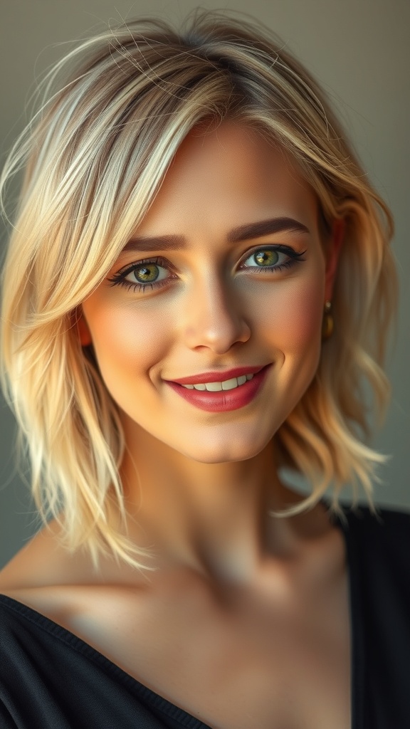 A woman with a feathered blonde lob hairstyle featuring root lowlights, smiling at the camera.