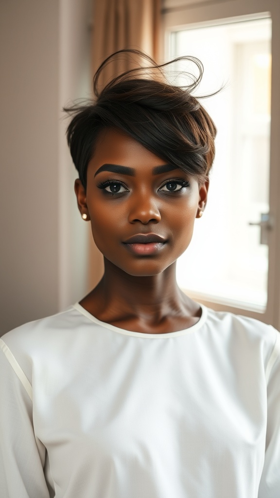 A woman with a feathered brown pixie cut and a lifted crown, showcasing a confident and stylish look.
