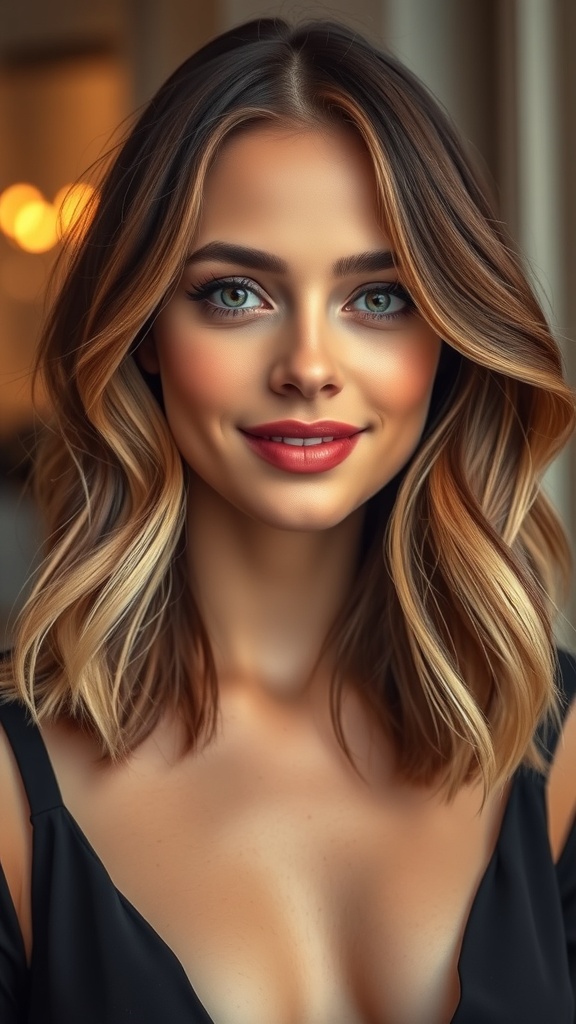 A woman with feathered ends and blonde balayage on brown hair, smiling confidently.