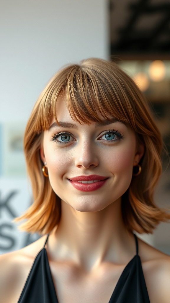 A woman with copper hair featuring blonde highlights and a feathered fringe, smiling at the camera.
