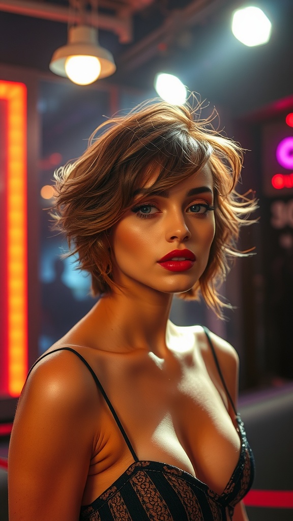 A woman with feathered layers hairstyle, showcasing shine and glamour.