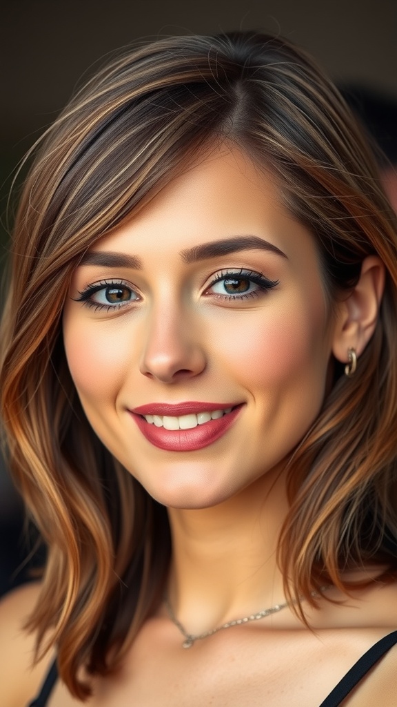 A woman with medium length hair styled in feathered layers with a side part, showcasing a vibrant and textured look.