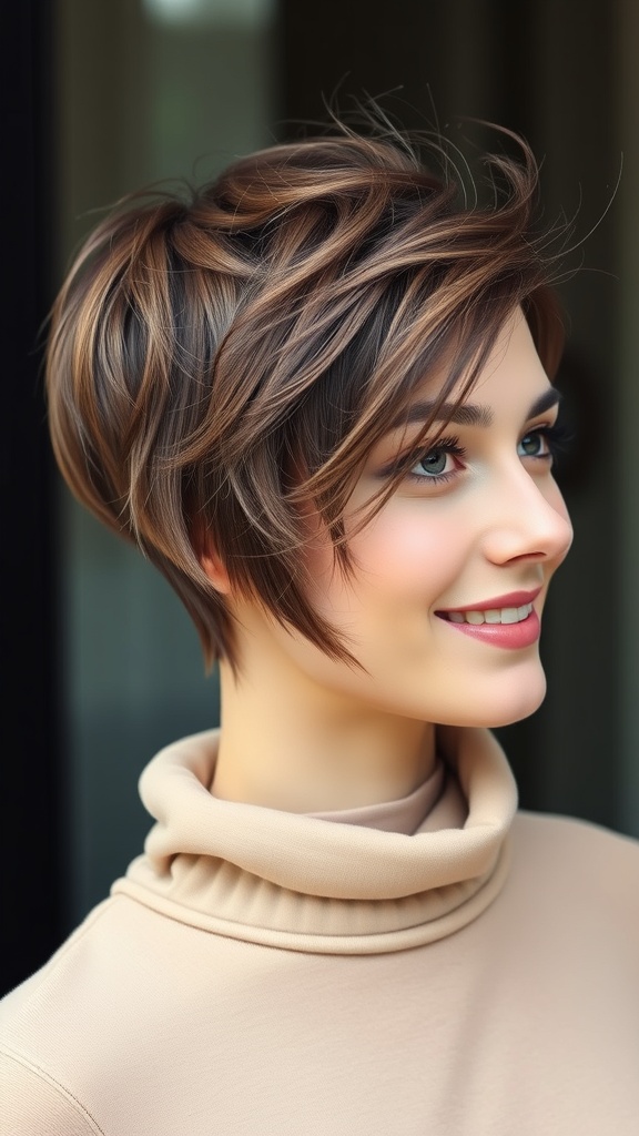 A woman with a feathered side-part pixie cut, smiling and wearing a beige turtleneck.