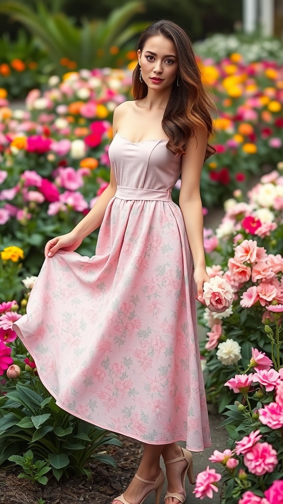 A feminine pink floral skirt displayed among vibrant pink flowers