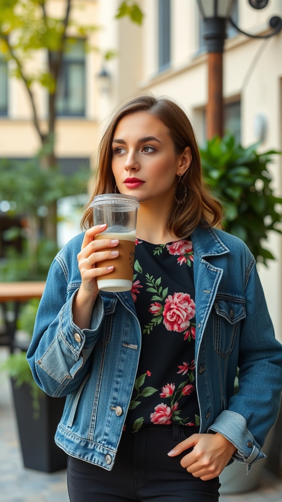 Woman in a denim jacket holding a drink, wearing a floral top