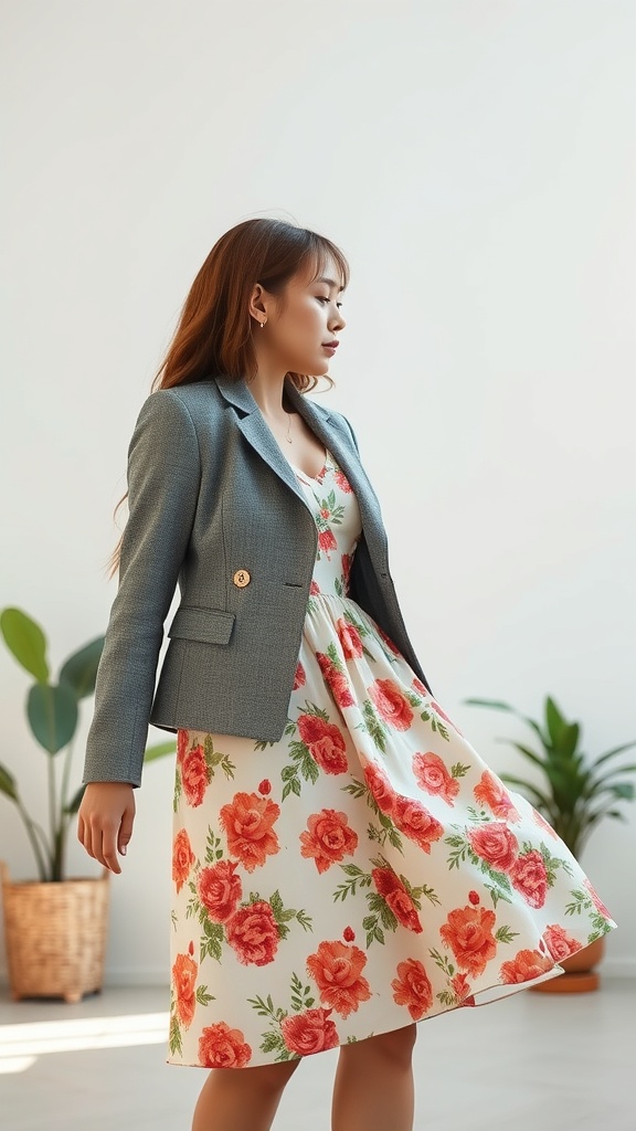 A woman wearing a gray blazer over a floral dress, showcasing a stylish and feminine outfit.