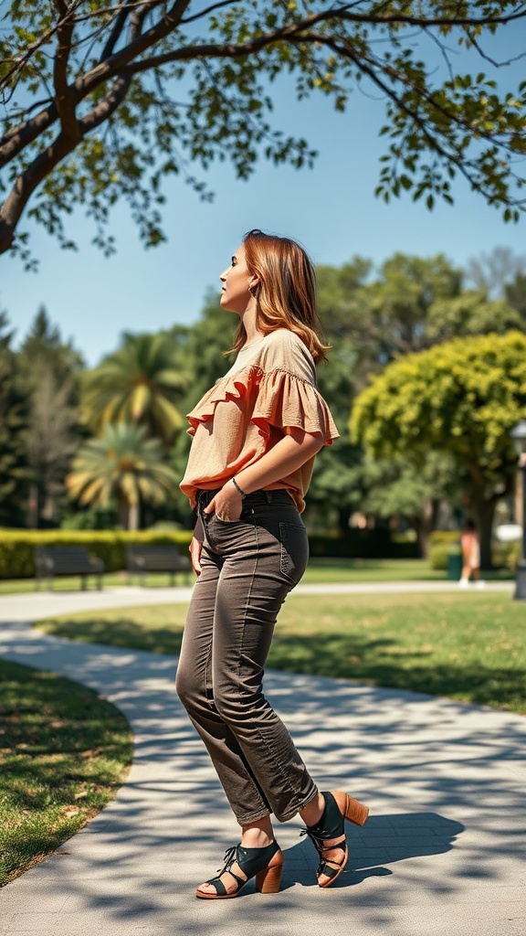 A woman wearing a ruffled top and brown jeans, standing in a park.
