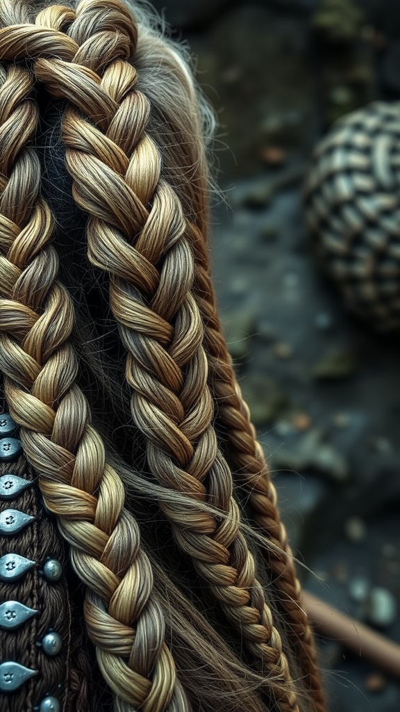 A close-up of a fierce Viking warrior braid hairstyle, showcasing multiple intricate braids.