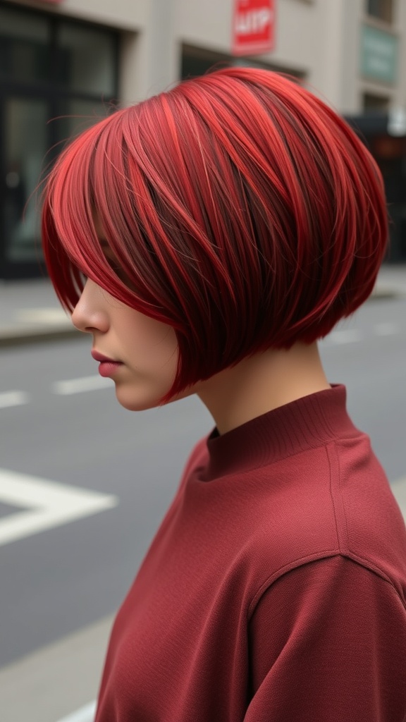 A woman with a fiery crimson bob hairstyle, showcasing vibrant red hair with dark highlights.