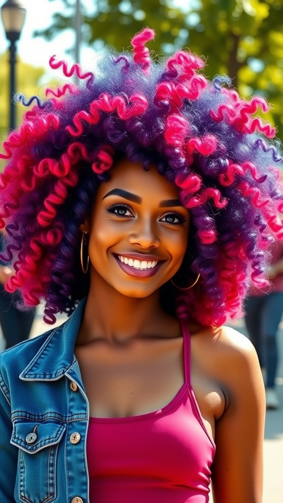 A woman with a vibrant red and purple curly afro, smiling and wearing a pink top and denim jacket.