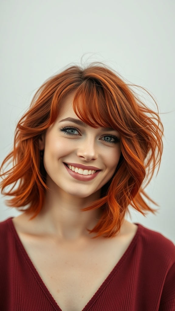 A woman with fiery scarlet layered hair and a wispy fringe, smiling at the camera.