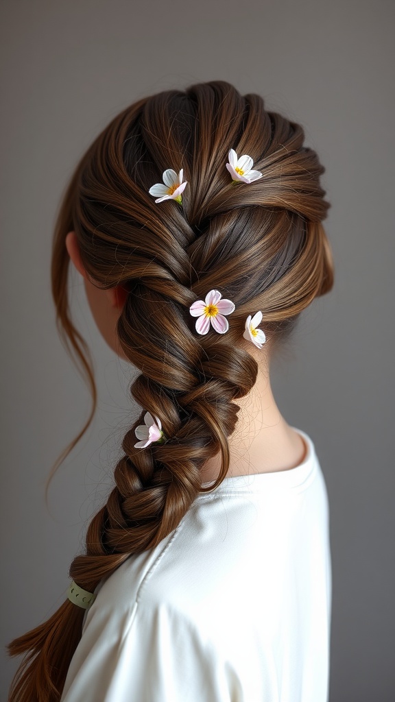 A fishtail braid adorned with small flowers, showcasing light chocolate brown hair.