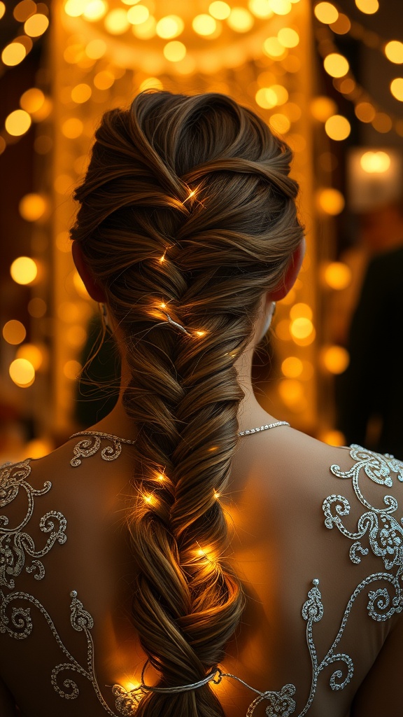 A fishtail braid adorned with twinkling lights, showcasing a stylish hairstyle for homecoming.