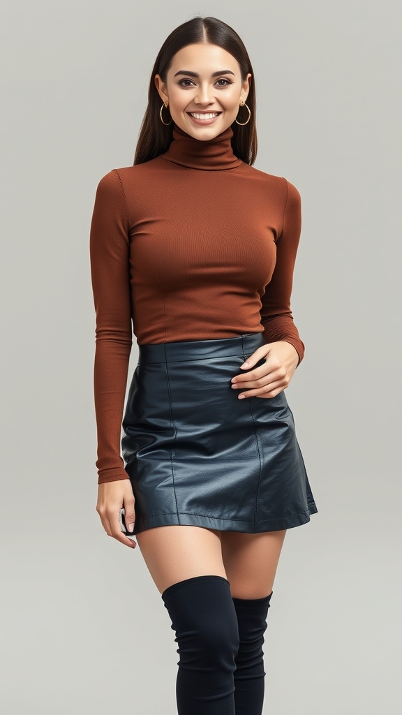 A woman wearing a fitted brown turtleneck and a leather mini skirt, smiling at the camera.