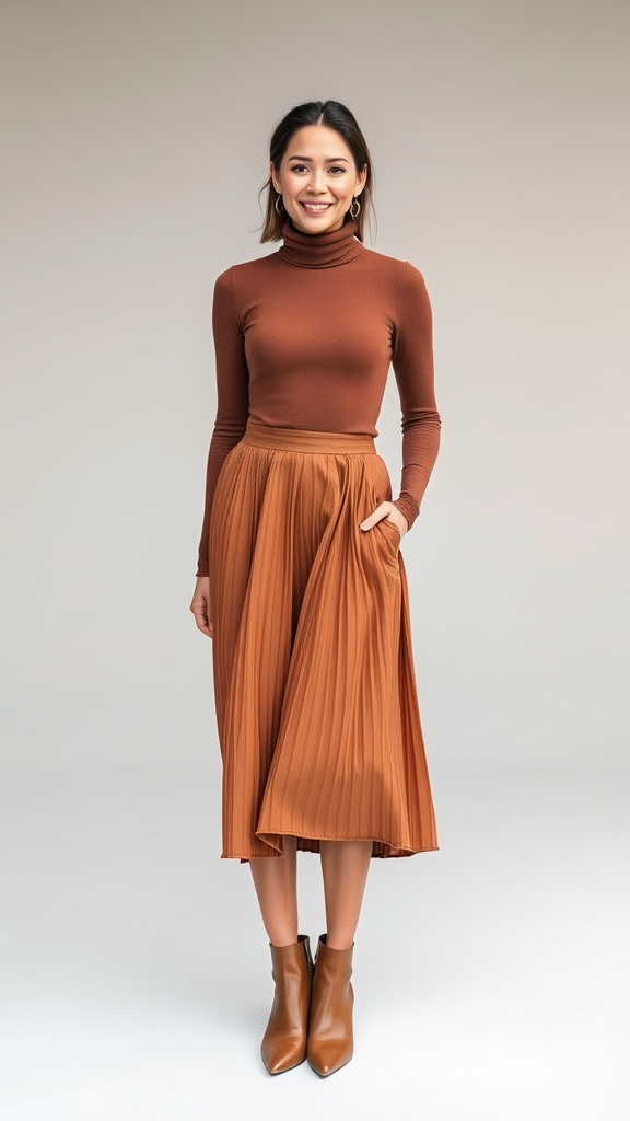 A woman wearing a fitted brown turtleneck and a pleated midi skirt, smiling confidently.