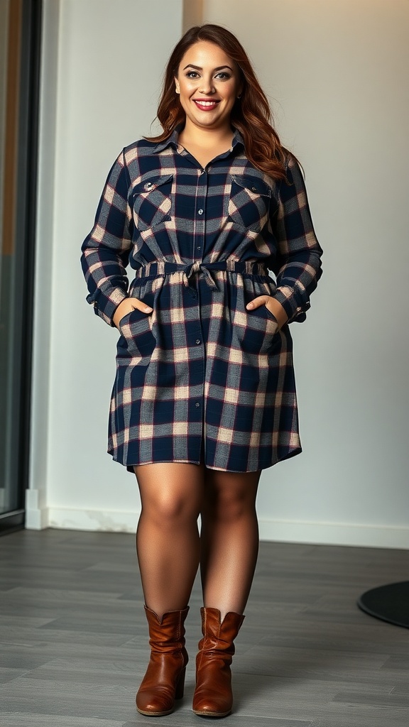 A smiling woman wearing a plaid flannel shirt dress with a cinched waist, paired with brown knee-high boots, standing indoors.