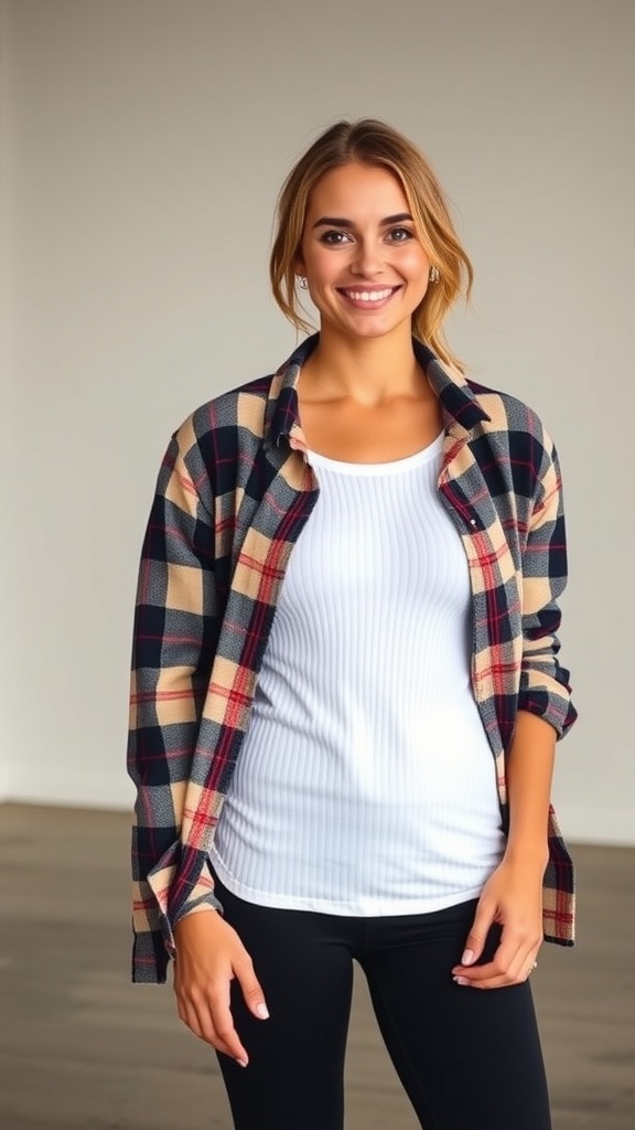 A woman wearing a flannel shirt jacket over a tank top, paired with leggings and sneakers, smiling in a casual setting.