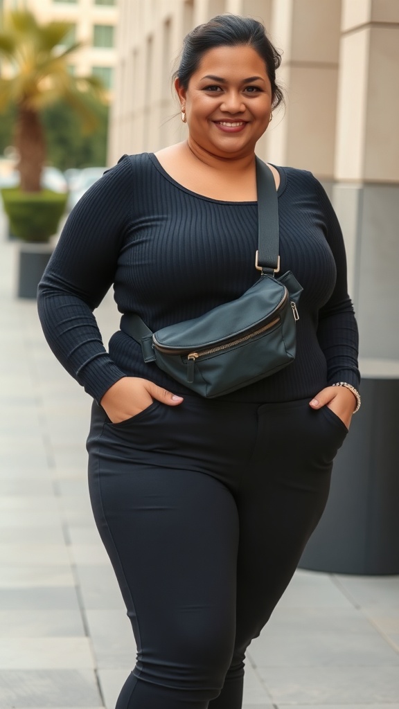 A woman wearing flared leggings and a fitted tank top, smiling confidently.