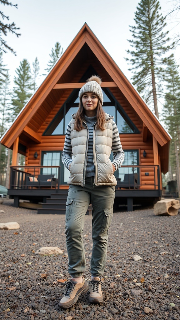 A fleece pullover paired with cargo pants, set against a backdrop of pine trees.