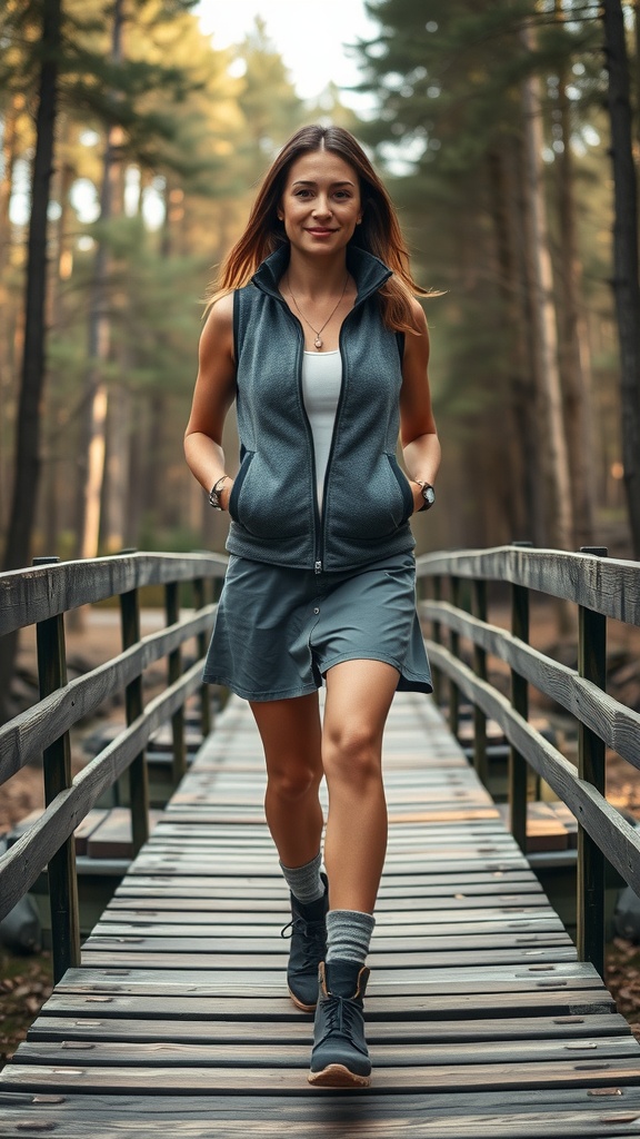 A woman wearing a fleece vest and hiking skort, walking on a wooden bridge in a forest.