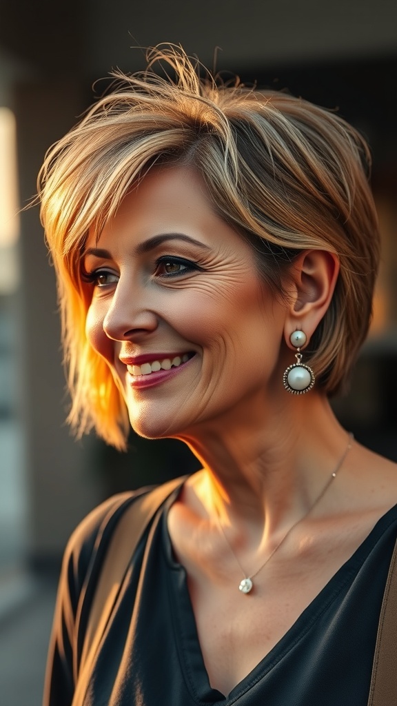 A woman with a flicked-out short haircut, smiling and showcasing her stylish look.