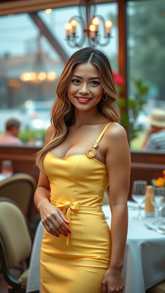 A woman wearing a butter yellow dress in a stylish restaurant setting, ready for a date night.